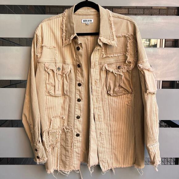 SER.O.YA Kara Beige Stripe Patchwork Oversized Shirt Size XS - Picture 3 of 9